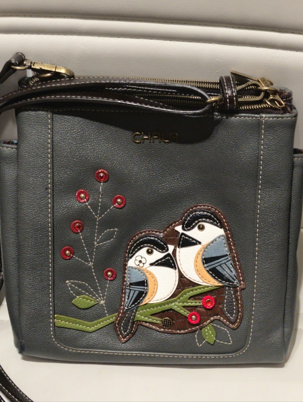 Chala Gray Crossbody Bag with Colorful Bird Appliqués